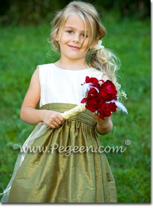 Bisque and Olive Green silk flower girl dress style 383