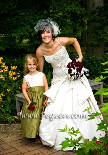 Bisque and Olive Green silk flower girl dress style 383