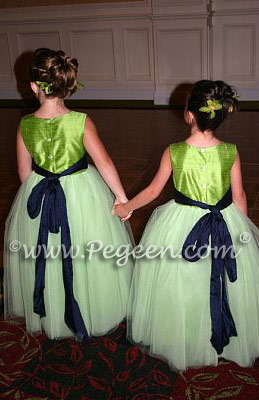 Custom Silk Flower Girl Dresses in Apple Green, Navy Sash and Tulle