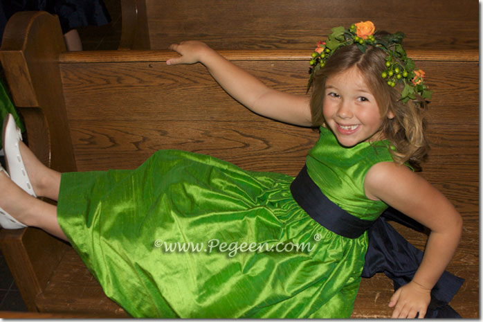 Key lime green and navy Silk flower girl dresses - Pegeen Classics Style 398