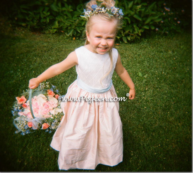 Peach and Baby Blue Silk Flower Girl Dresses | Style 357