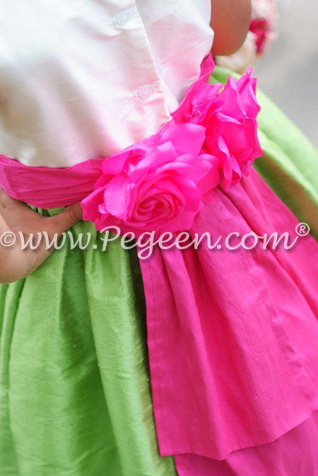Apple green and hot shock pink Silk flower girl dresses - Pegeen Classics Style 383