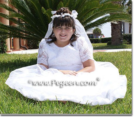 Pegeen style 963 Aloncon lace and antique white silk flower girl dress or communion dress