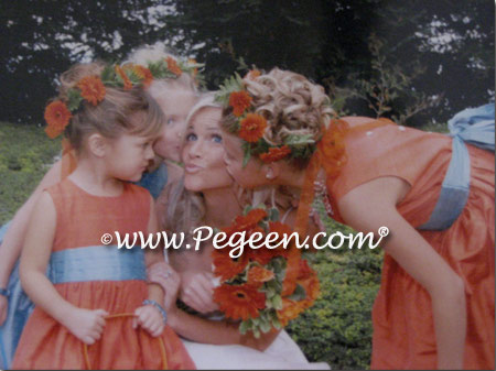 Orange and tiffany and adriatic blue flower girl dresses