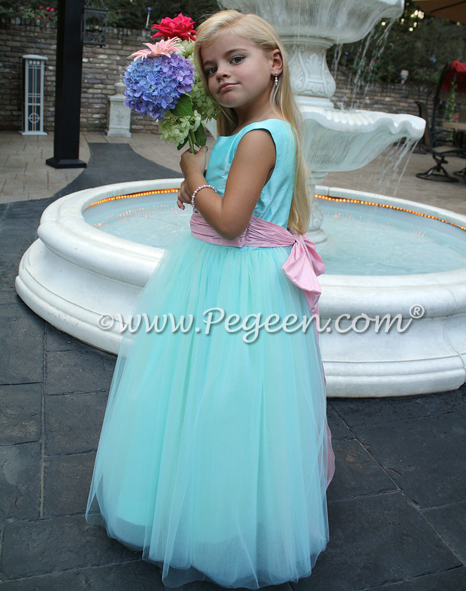 Flower Girl Dress in Tiffany blue and bubblegum pink with layers of tulle | Pegeen