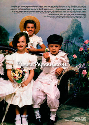 Ivory silk flower girl dress and pink ring bearer suit in Victoria Magazine