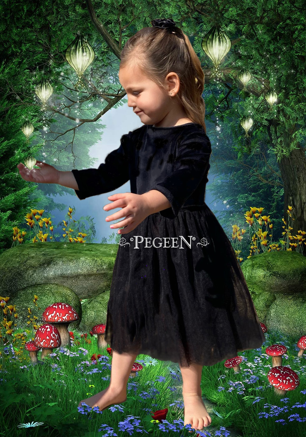 Black velvet and netting flower girl dress with 3/4 sleeves