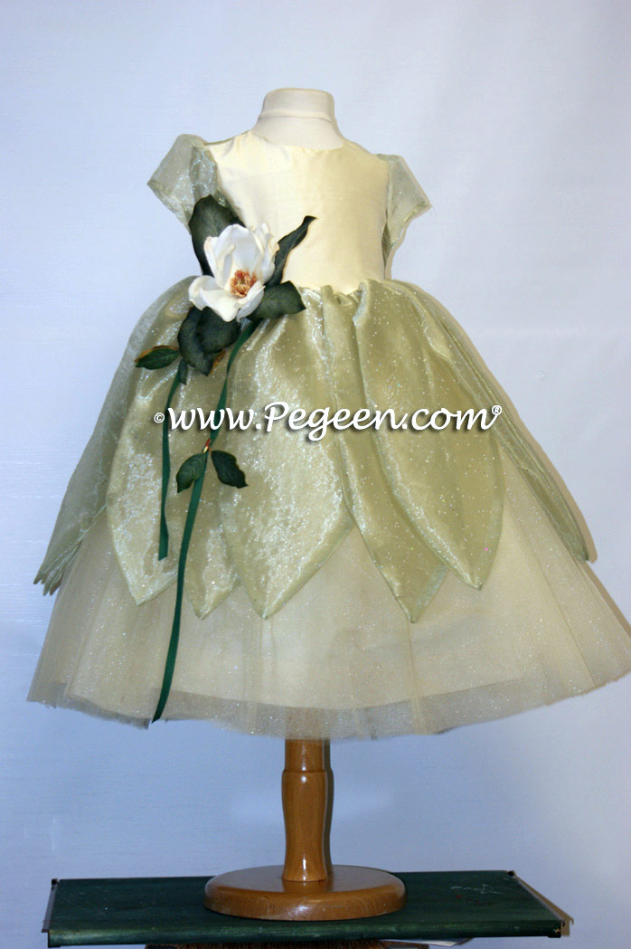 Silk flower girl dress styled after The Princess and the Frog