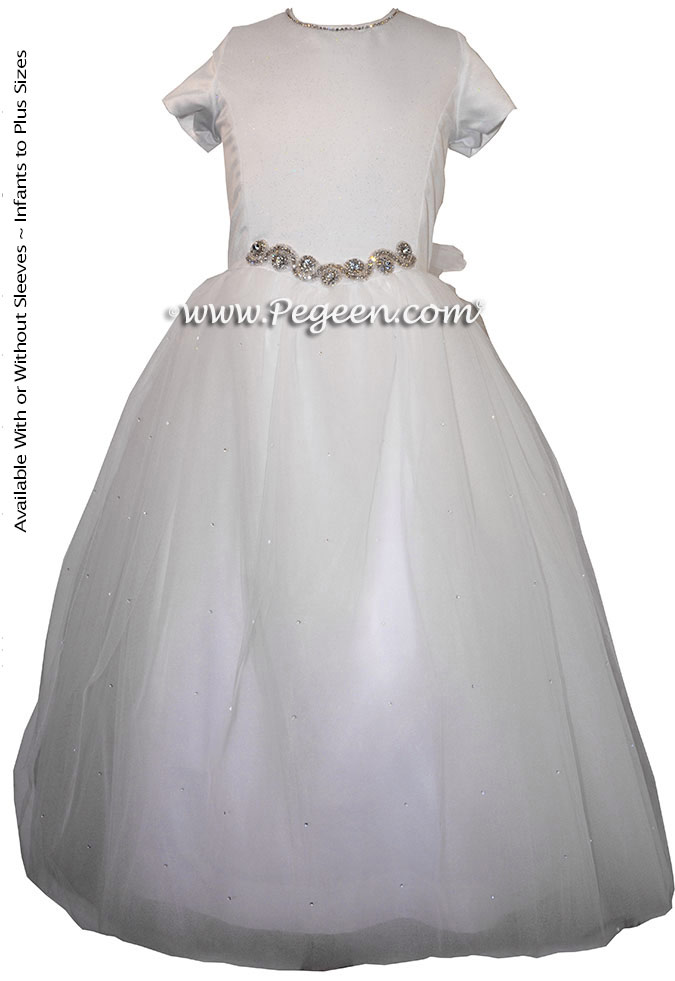 Cotillion or Couture Jr. Bridesmaids Dress w/Tulle, Pearled Silk Trellis, SWAROVSKI Crystals on bodice and Rhinestone Straps