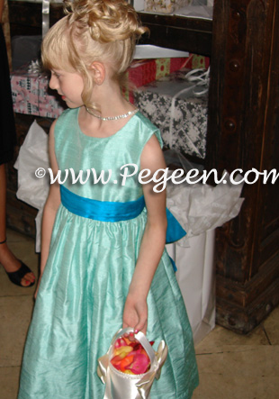 Teal shades in Tiffany and pool silk flower girl dress with Cinderella Bow