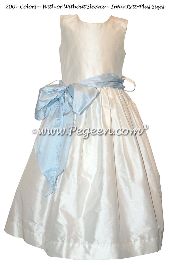 Simple white and pale blue silk flower girl dresses