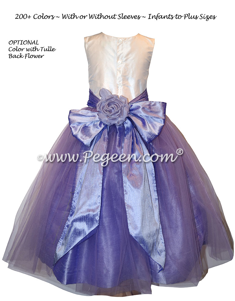 Lilac silk flower girl dress with back flower Style 356 and tulle