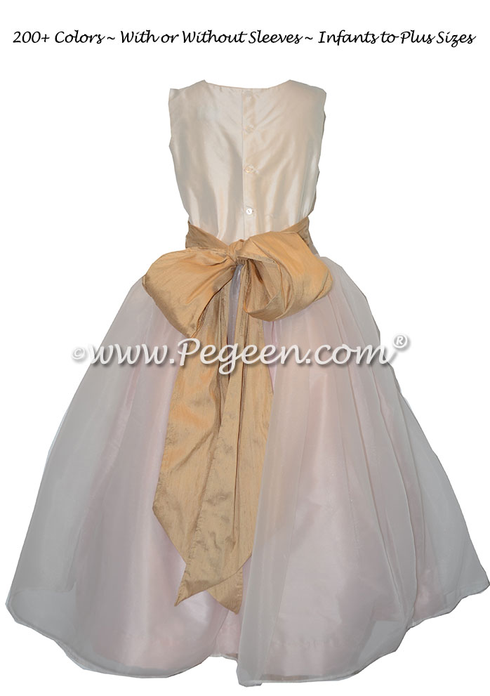 Spun Gold, Peony Pink and New Ivory flower girl dresses Style 309