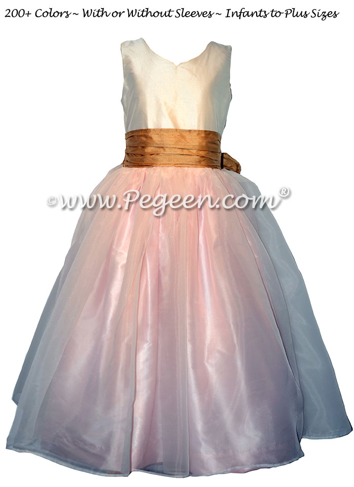 Spun Gold, Peony Pink and New Ivory flower girl dresses Style 309