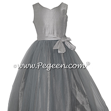 Platinum and  Medium Gray Silk and Tulle flower girl dressses