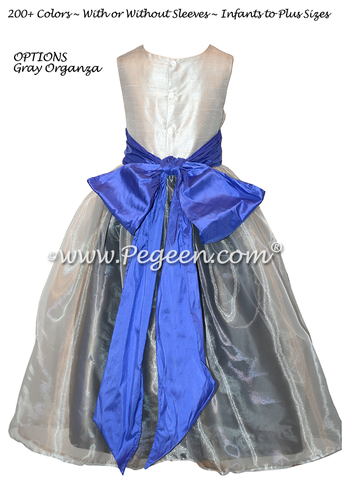 Platinum, medium gray and blueberry Silk and Organza Flower Girl Dresses