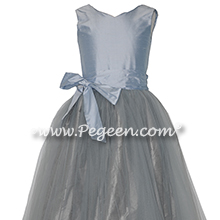 Medium Gray and Cloud Blue Silk and Tulle flower girl dresses