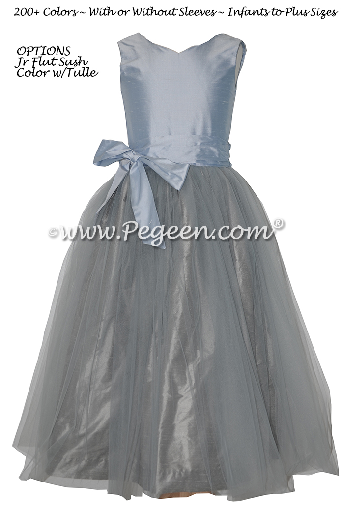 Flower girl dress in platinum gray and cloud blue silk and tulle | Pegeen