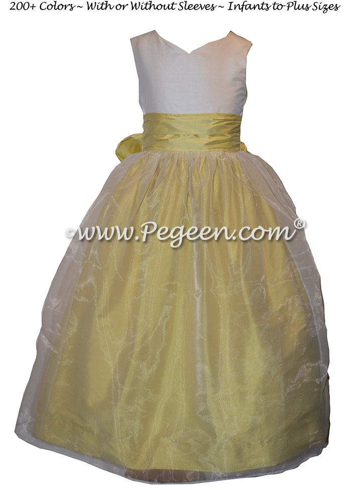 Yellow and White Silk and Organza Flower Girl Dresses