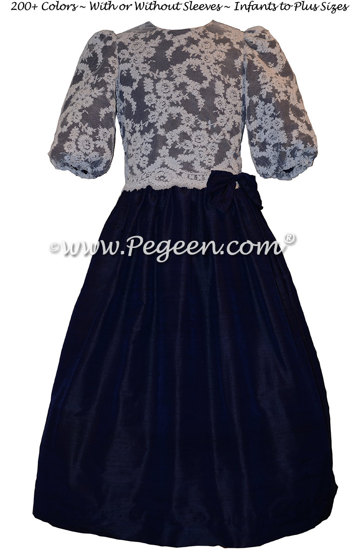 Midnight Blue Silk and Aloncon Lace Flower Girl Dresses