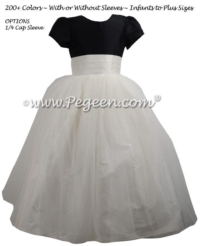 Black and Ivory Silk Flower Girl Dress with Back Roses