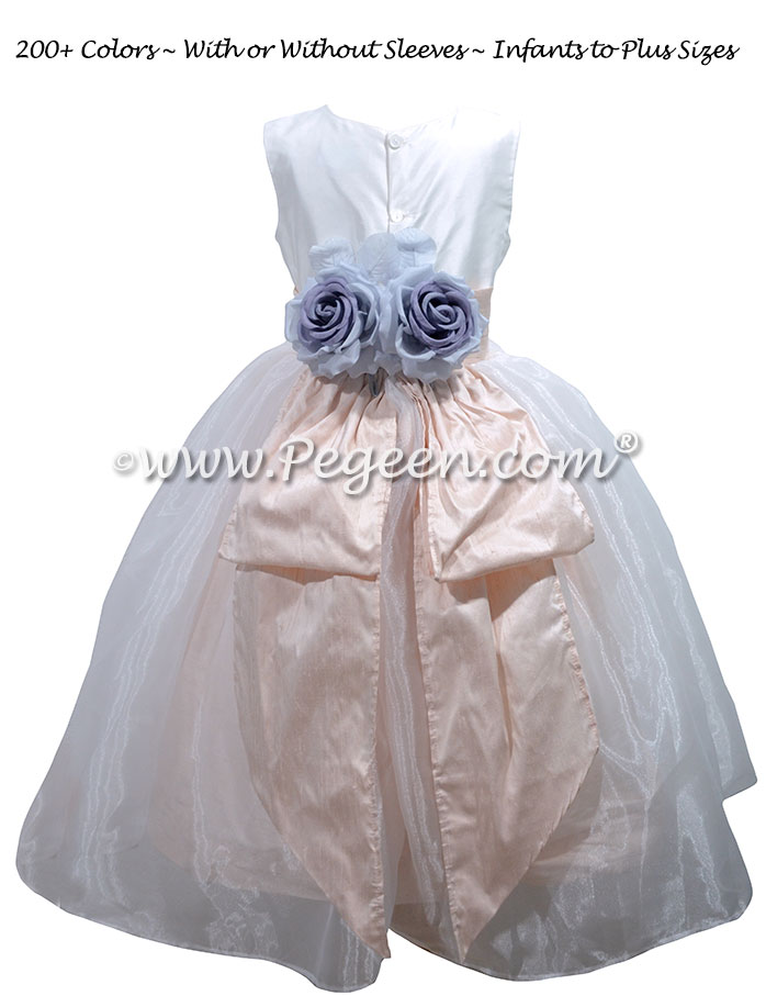 White and Blush Silk flower girl dress with blue back flowers
