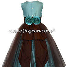 Brown and Bahama Breeze Blue Silk and Tulle Flower Girl Dress