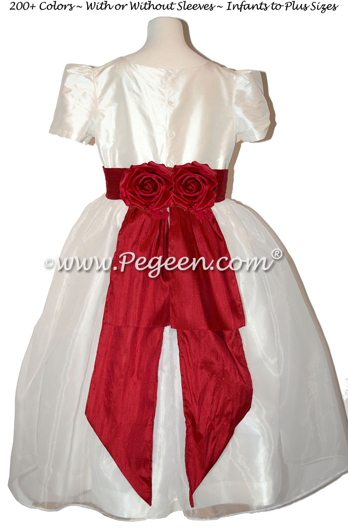 Cranberry Red and Antique White flower girl dress