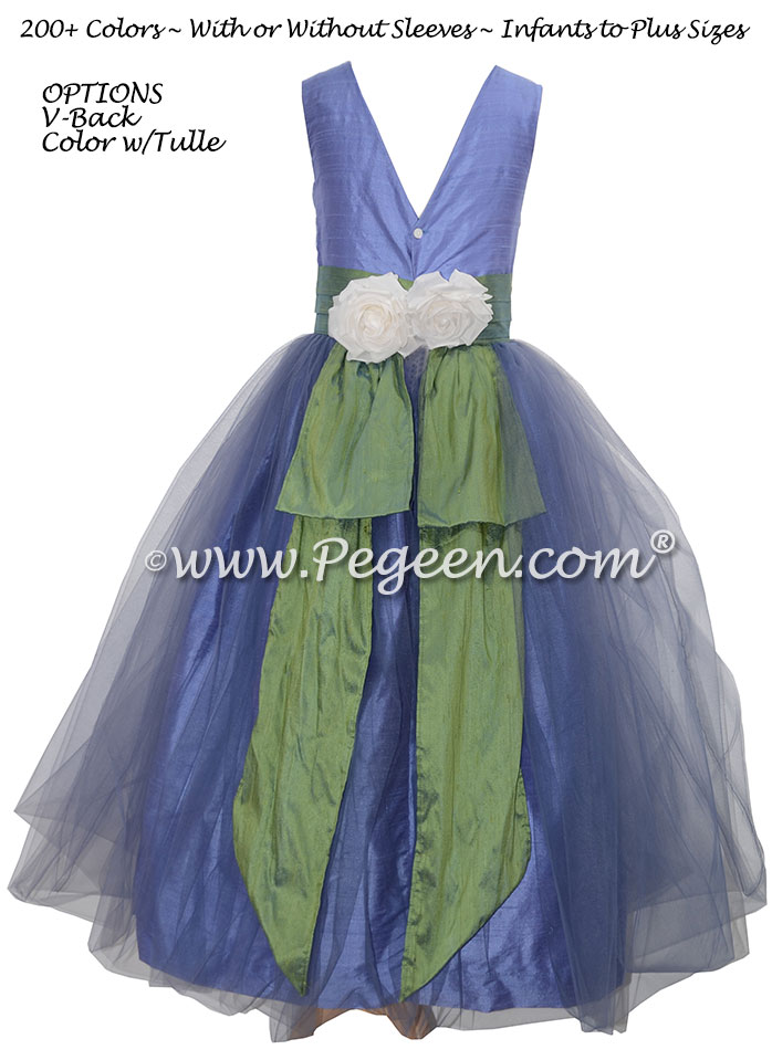 Silk Flower Girl Dresses Style 313 in Periwinkle and Winter Green | Pegeen