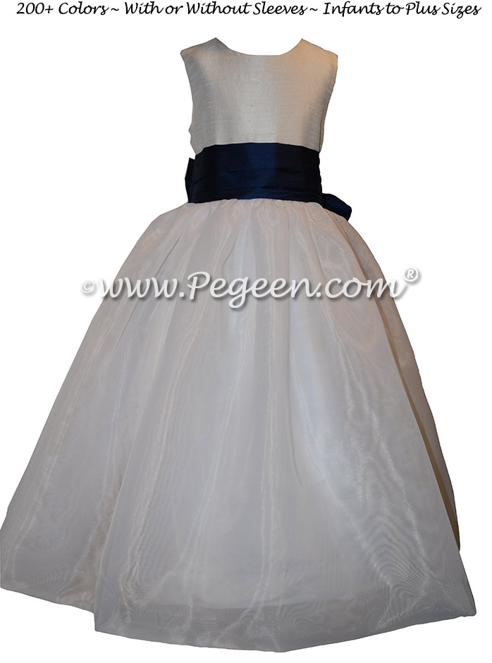 Custom Antique White Silk and Navy Flower Girl Dress with organza skirt