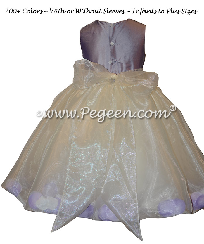 Custom Victorian and Ivory silk petal flower girl dress Style 331 with organza skirt
