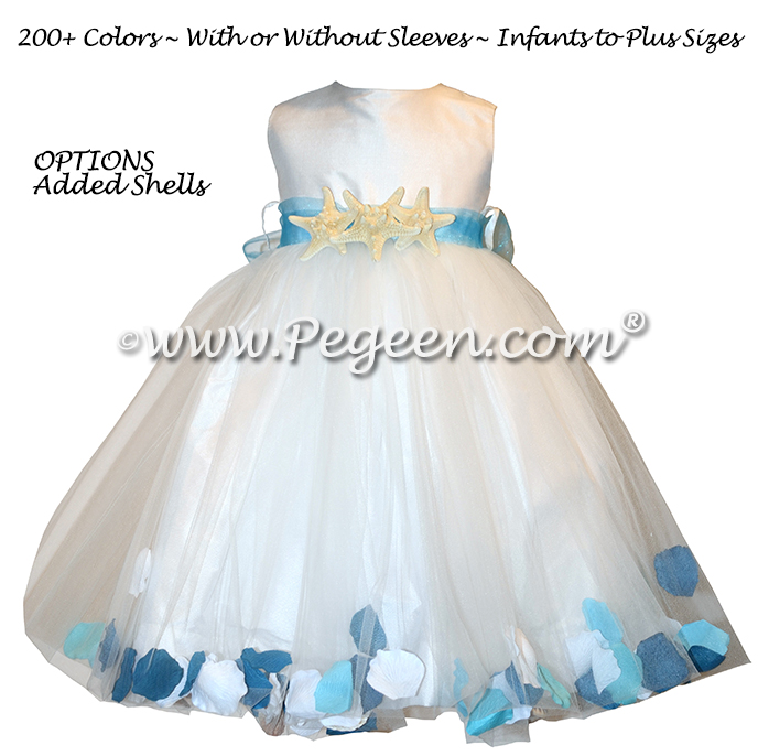 Teal Blue Beach Style with Sea Shells and Silk flower girl dresses