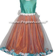Paradise Blue and Tangerine Orange Silk flower girl dresses - Style 333