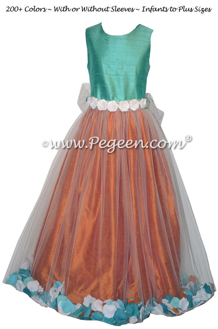 Paradise Blue and Tangerine Orange Silk flower girl dresses - Style 333