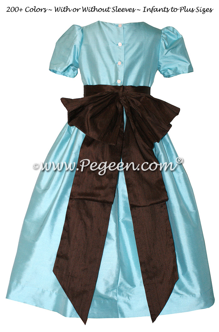 Bahama breeze and brown custom silk flower girl dresses - Style 345 | Pegeen