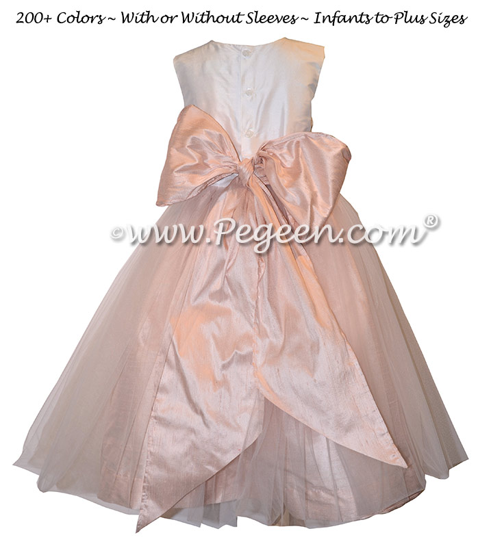 Ballet pink and ivory tulle and silk custom flower girl dresses Style 356