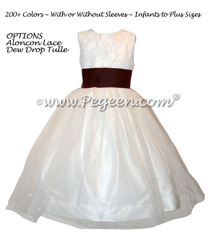 Custom Silk Flower Girl Dress in Burgundy with Lace | Pegeen