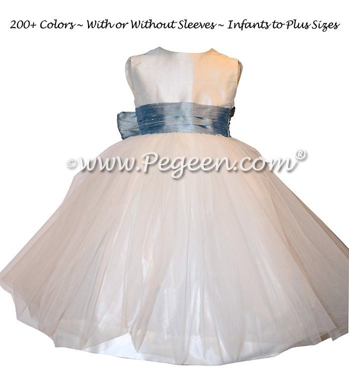 Custom Flower Girl Dresses in Antique White and Caribbean Blue Style 356 by Pegeen