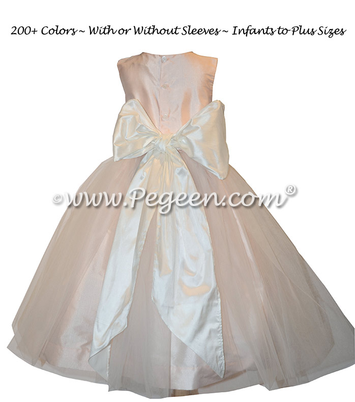 Pink and champagne pink tulle and silk flower girl dresses Style 356