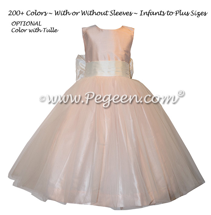 Pink and champagne pink tulle and silk flower girl dresses Style 356