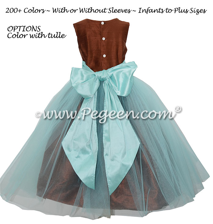 Chocolate Brown and Pond Blue Custom Silk and Tulle flower girl dresses - Style 356