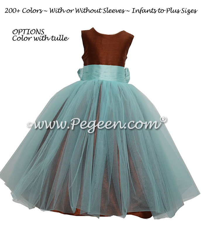 Chocolate Brown and Pond Blue Custom Silk and Tulle flower girl dresses - Style 356