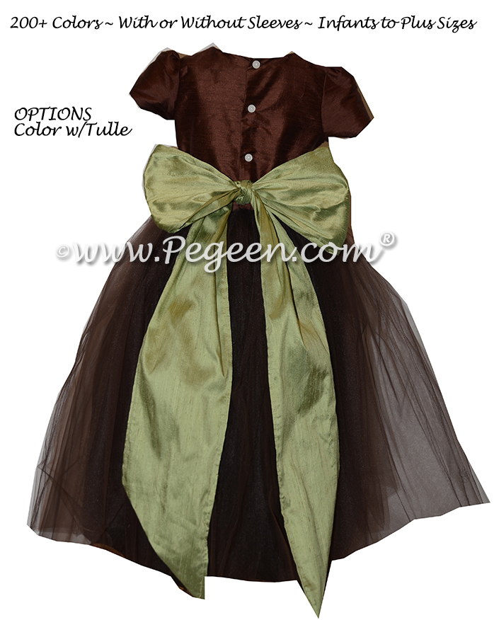 Silk Flower Girl Dresses in Custom Chocolate and Sage Green | Pegeen