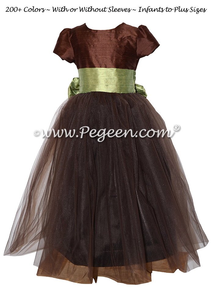 Silk Flower Girl Dresses in Custom Chocolate and Sage Green | Pegeen