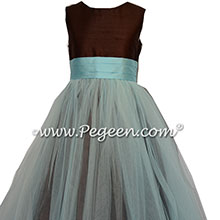 Brown and Bahama Breeze Blue Silk and Tulle Flower Girl Dress