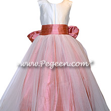 Ivory and Coral Rose Silk flower girl dresses - Style 356