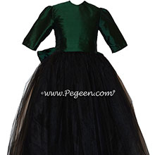 Forest Green and Black 3/4 Sleeve Tulle Flower Girl Dress