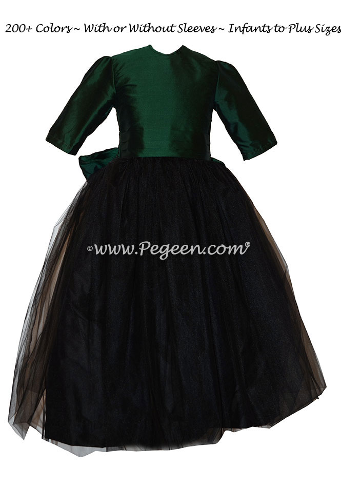 Emerald green and black silk flower girl dress Style 356