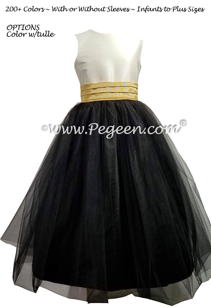 356 Black, New Ivory and Spun Gold flower girl dress