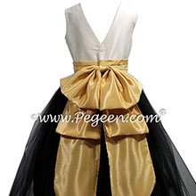 Ivory, black and gold silk flower girl dress with v-back